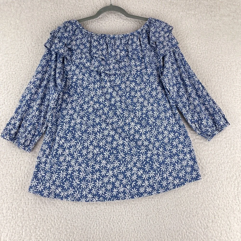 J. Jill Blue Floral Print Off the Shoulder Shirt‎ Womens Long Sleeve Size Large